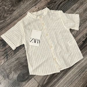 Zara linen blend cotton dress shirt baby boy 9-12 months new white beige short